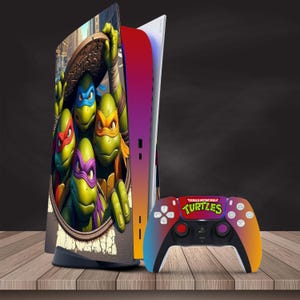 May include: A custom PlayStation 5 console skin featuring the Teenage Mutant Ninja Turtles. The skin is a colourful design with the four turtles in a sewer scene. The console is paired with a matching custom controller with the Teenage Mutant Ninja Turtles logo.
