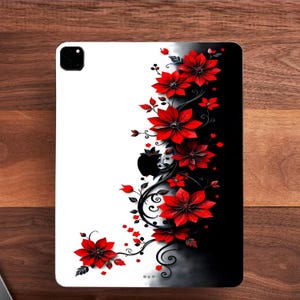 Red Flowers decal for iPad Pro 12.9 White Pattern iPad Pro 11 skin Black Abstract iPad Air Floral Pattern iPad Pro New iPad mini iPad Air