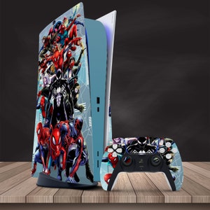 May include: A blue and white PlayStation 5 console with a custom skin featuring a collage of Spider-Man characters. The console is paired with a matching black and red controller.