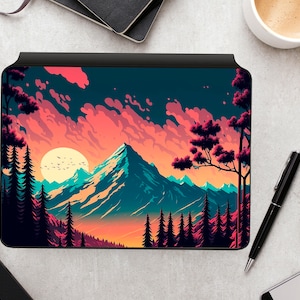 May include: A digital illustration of a mountain range with a sunset sky. The mountains are blue and green, and the sky is pink, orange, and purple. There are trees in the foreground and a few birds flying in the sky.