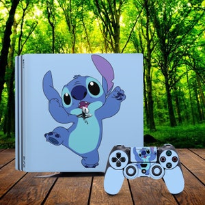 May include: A blue and white PlayStation 4 console skin featuring a cartoon character, Stitch, from the Disney movie Lilo & Stitch. The skin is applied to the console and a matching controller.