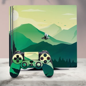 Peut inclure: Une console PlayStation 5 verte et jaune avec une manette verte et jaune assortie. La console présente un design de paysage montagneux.