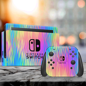 May include: A colorful Nintendo Switch console and controller skin with a rainbow swirl pattern. The skin features the Nintendo Switch logo and the words "Nintendo Switch".