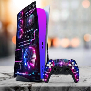 May include: A purple and black PlayStation 5 console with a custom skin featuring a circuit board design and glowing blue and pink accents. The console is paired with a matching black PlayStation 5 controller with a similar circuit board design and glowing blue and pink accents.