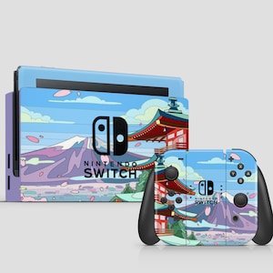 May include: A Nintendo Switch console and controller skin featuring a colourful illustration of a Japanese temple, Mount Fuji, and cherry blossoms. The skin has a blue background with white clouds. The text "Nintendo Switch" is printed on the console and controller.