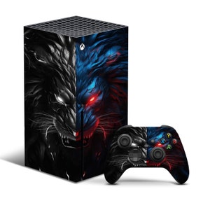 May include: A black and blue Xbox Series X console skin with a fierce lion design. The skin features a black lion on the left side and a blue lion on the right side, both with glowing red eyes. The skin also includes a matching controller skin with the same lion design.