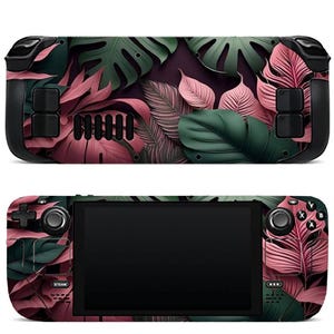 May include: A handheld gaming console skin featuring a tropical leaf design in shades of pink, green, and dark purple. The skin covers the console's front and back, with cutouts for buttons and screen.
