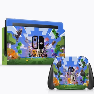 May include: A blue and green Nintendo Switch console and controller skin featuring a Minecraft theme. The skin has a pixelated design with characters and blocks from the game. The text "Nintendo Switch" is printed on the console skin.