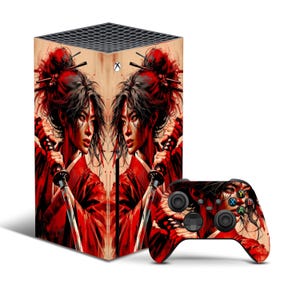 May include: A red and black Xbox Series X console and controller skin featuring a stylized image of two women with red hair and swords. The women are wearing traditional Japanese clothing.