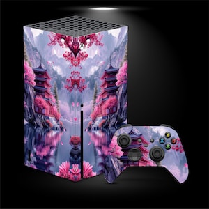 Rosa körsbärsblomma Xbox Series S-skin, japanskt tempel Xbox Series X-vinyldekal, Sakura Xbox-skin Konsol och handkontroll, Zen-speldekor