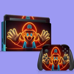 Neon Jumping Hero Switch Skin Orange Blue Switch OLED Skin Retro Platformer Style Decal Console Dock Controller Joycon Skin Videogame