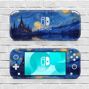 May include: Two Nintendo Switch consoles with a custom design inspired by Van Gogh's "Starry Night." The top console shows the back with the Nintendo Switch logo. The bottom console displays the screen with a teal graphic and the Nintendo Switch logo.
