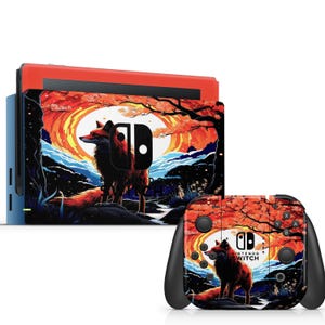 May include: A Nintendo Switch console and controller skin featuring a red fox standing in front of a sunset with a full moon and cherry blossom trees. The skin has the Nintendo Switch logo and the text "Nintendo Switch".