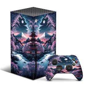May include: A custom skin for the Xbox Series X console and controller featuring a Japanese-inspired design with a pagoda, cherry blossoms, and mountains. The design is in shades of pink, blue, and purple.