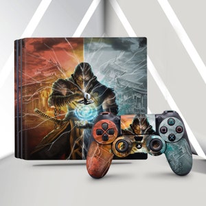 May include: A video game console with a black and orange controller. The console has a design featuring a character from a video game. The character is wearing a black and yellow outfit and has a blue aura around them.