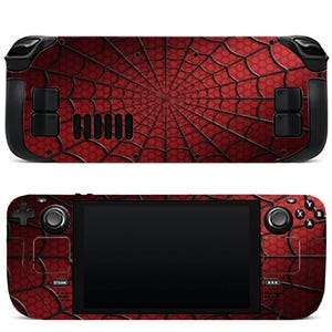 Pode incluir: Uma consola de jogos portátil com uma capa de padrão de teia de aranha vermelha e preta. O dispositivo apresenta um ecrã central, joysticks pretos, um pad direcional e botões de ação. A vista traseira mostra o design de rede a condizer.