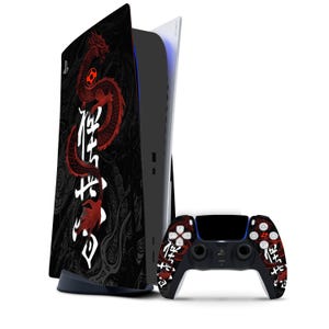 May include: A black and red PlayStation 5 console and controller. The console has a dragon design with Japanese characters. The controller has a similar design with red accents and white symbols.