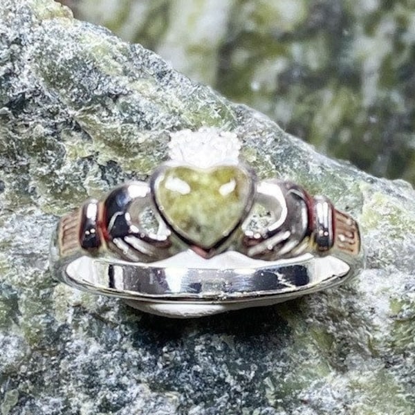 Connemara Marble Stone Set Heavyweight Sterling Silver Claddagh Ring.