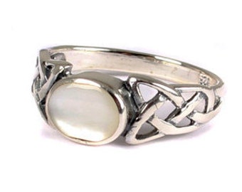 Celtic Silver White Mother Of Pearl Stone set Ring with trinity Knot design on the Shoulders.