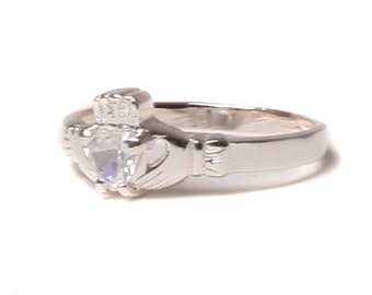 Claddagh Ring with White Cubic Zirconia April Month BirthStone.