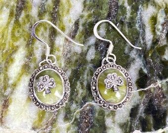 Connemara Marble Stone Set Shamrock Design Sterling Silver Earrings