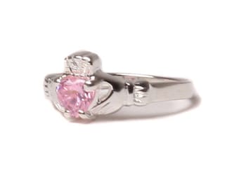 Claddagh Ring with Pink Cubic Zirconia October Month BirthStone.