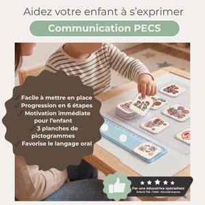 Peut inclure: Un enfant manipule des cartes de communication PECS. Les cartes sont sur une surface blanche avec une règle bleue. Le texte en français comprend : "Aidez votre enfant à s'exprimer" et "Communication PECS".