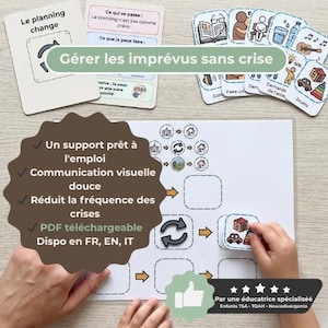 Può includere: Un ausilio visivo per la gestione degli imprevisti, con carte e icone. Il set include un diagramma di flusso con frecce e caselle e il testo "Gérer les imprévus sans crise". Progettato per bambini con TSA, ADHD e condizioni neurodivergenti. PDF disponibile in FR, EN, IT.