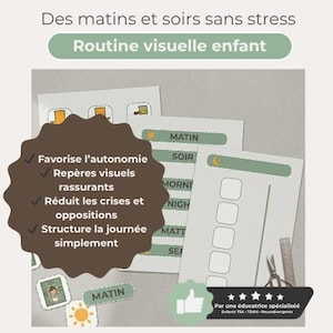 Può includere: Una routine visiva per bambini, con schede stampate con testo in francese. Le schede includono le parole "MATIN" e "SOIR", un elenco di controllo e illustrazioni. Il testo in alto recita "Des matins et soirs sans stress" e "Routine visuelle enfant".