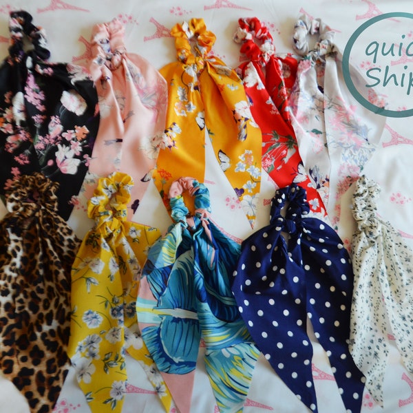 Scrunchies de lenço de cabelo destacáveis de cetim e chiffon, lenço de laço de fita supermacio, prendedor de rabo de cavalo, bandana para mulheres e meninas