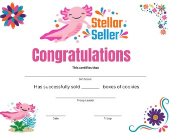 Printable Girl Scout Cookie Sales Certificate Award Instant Download - Etsy