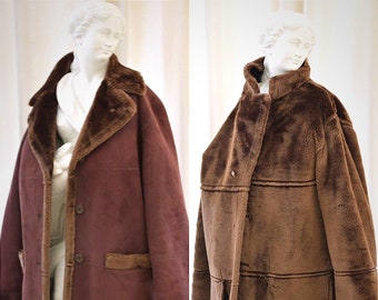 Interior faux fur jacket, brown vegan fur coat, fur collar jacket. Vegan leather overcoat Minimal suede leather coat, Women eco leather coat