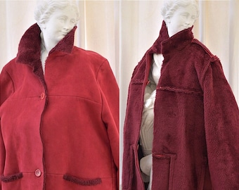 Faux shearling fur jacket, red mouton fur collared jacket. Vegan shearling jacket. Fur coat, buttoned fur blazer. Raglan coat faux leather.