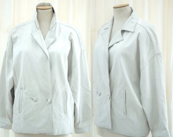Vintage White Leather Double-Breasted Jacket. Women's white leather bomber jacket, 80s, 90s vintage leather coat, leather blazer medium size