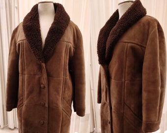 Vintage Women Real Sheepskin Coat. 90's Fur Lapel Brown Overcoat. Winter Long Shearling Jacket. Soft Leather Maxi Coat. Brown Lambskin Coat