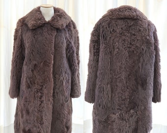 Vintage Mongolian Curly Sheepskin Fur Jacket - Women's Shearling Coat, Pink Brown Shaggy Fur Short Jacket L-XL, Bohemian Hippie Style Gift