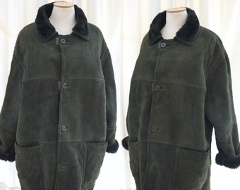 Olive Green Shearling Coat | Vintage real leather shearling sheepskin lambskin sherpa coat jacket oversized bomber jacket real lambskin coat