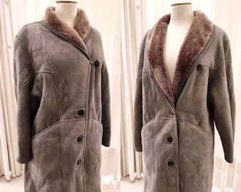 70's Sheepskin Coat Vintage Long Shearling Jacket Real Leather Suede Gray Fur Coat Penny Lane Coat Women Shearling Coat Long Winter Overcoat