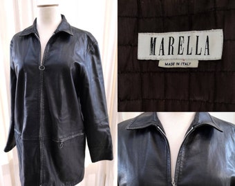 MAX MARA Black Leather Coat. Vintage Real Leather Jacket. Y2K