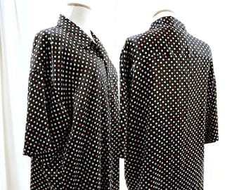 Polkadot Satin Shirt, Vintage 90s Black and White Polka Dot Blouse. Minimal Satin Polka Dot Top, Oversized Button Up Shirt Short Sleeve XL