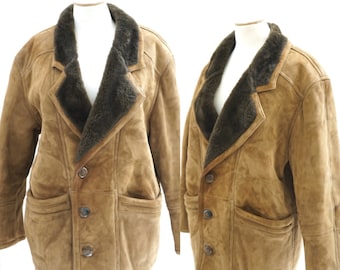 Shearl Coat Unisex vintage 90's brown sheepskin coat men suede sheepskin coat bomber jacket winter outerwear winter women vintage clothing