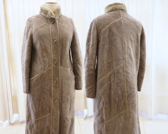 Shearling Sheepskin Coat, vintage brown suede shearling coat, women long lambskin leather coat, vintage clothing winter maxi coat size large