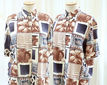 Bluzka z krótkim rękawem dla kobiet z lat 90. / Bluzka geometryczna w stylu vintage, koszula letnia dla kobiet w stylu vintage / bluzka retro / top boho, koszula z nadrukiem gazety