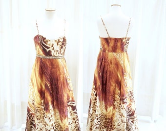 Vintage silk leopard print dress; Maxi animal print dress; Spring and Summer dress; beach dress; Boho summer dress, Cocktail Party Dress