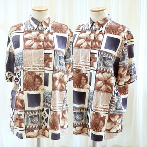 90s Women Short Sleeve Summer Blouse / Vintage Geometric Blouse, Vintage Women Summer Shirt / Retro Blouse / Boho Top, Newspaper Print Shirt