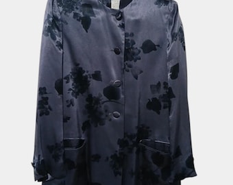 Guy Laroche satin jacket shirt, Vintage silk floral mandarin collar jacket. Blue purple κimono style overshirt evening minimalist clothing