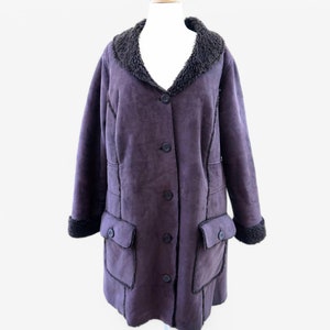 Manteau en peau de mouton durable pour femmes des années 90, manteau en imitation daim marron sherpa des années 90, pardessus d&#39;hiver violet clair manteau afghan penny lane manteau femmes taille XL