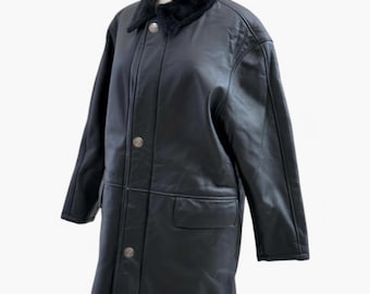 Vintage Black Leather Coat, Men's Natural Leather Coat. 1940s 1950s Swing Black Fur. Sheep Fur Winter Coats Oversized Sheepskin Jacket Gift