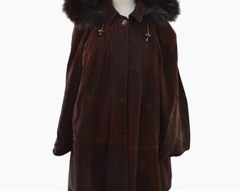 Genuine Suede Coat. Vintage Women Real Leather Coat. Winter Overcoat. Women Hooded Jacket. Wool Cashmere Coat. Italian Leather Suede XXL