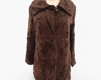 Manteau En Fourrure Astrakan (mouton Noir Frisé) - Style Années 1970 - Taille XL - Vintage Fait Main En France